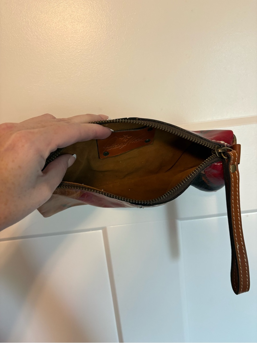 Patricia Nash Brown Floral Leather Wristlet Pouch with Red and Black Accents - Picture 5 of 5